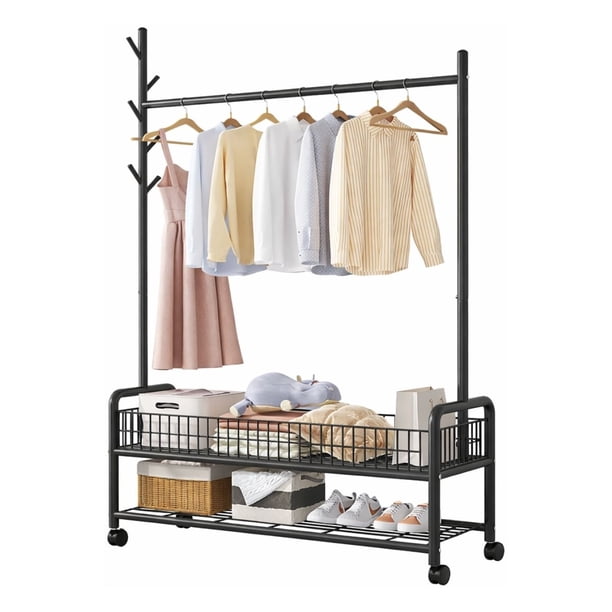 Perchero Metalico Reforzado Practiksa RZ30003 con Doble Estante para Ropa Color Negro