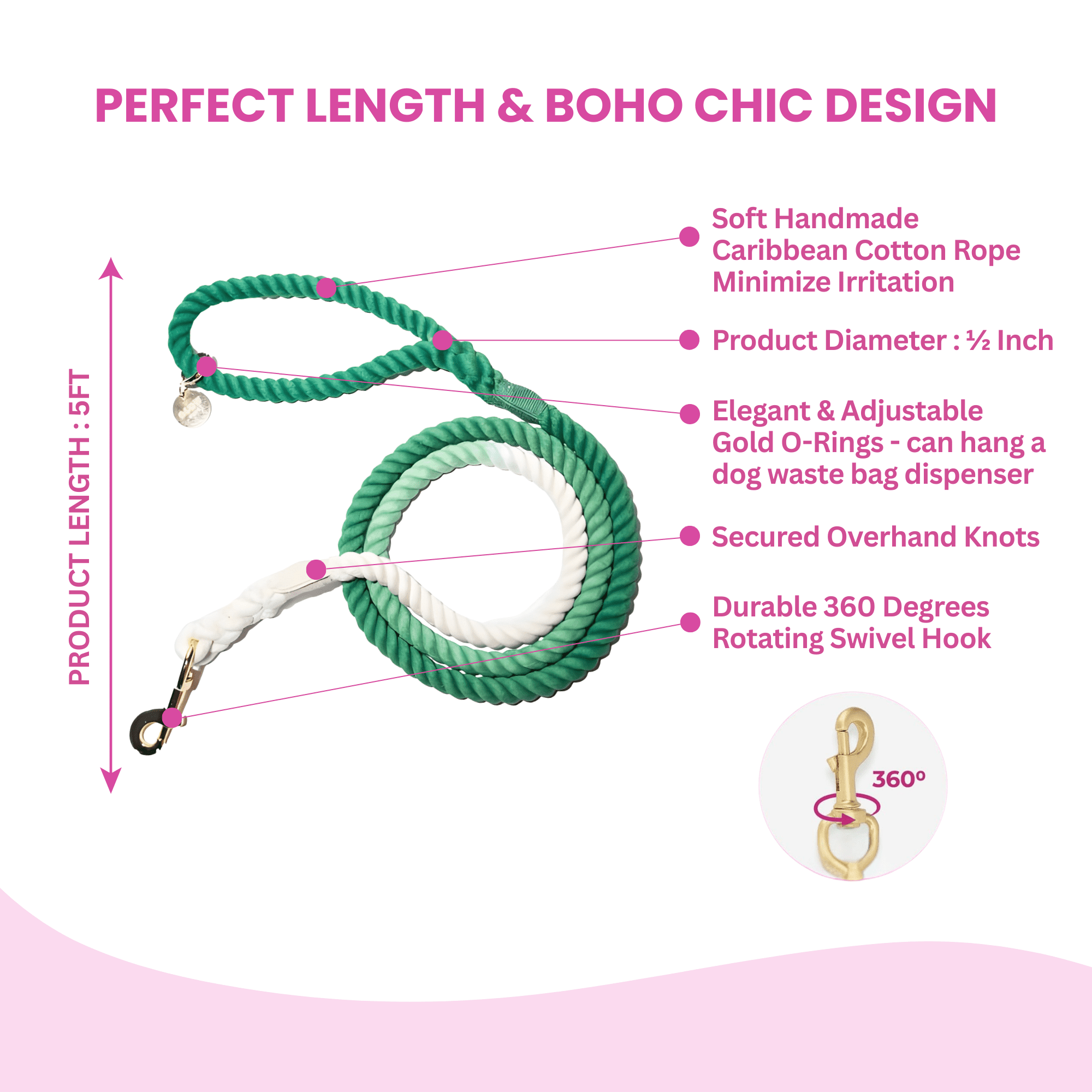Glow Pups 5 foot Ombre Rope Dog Standard Leash, Green