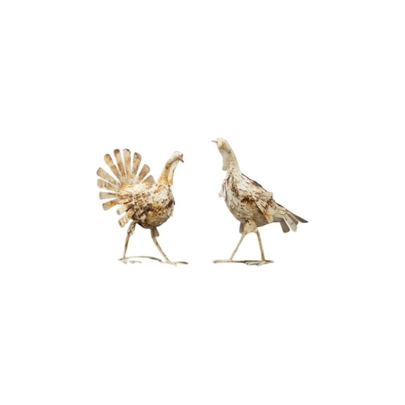 SET OF TWO ANTIQUE WHITE METAL TURKEYS