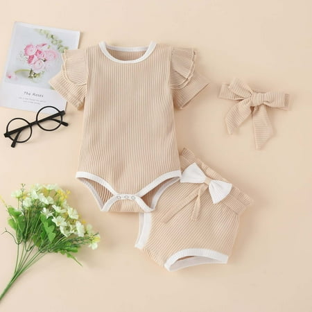 

CHGBMOK Clearance Toddler Baby Girls Summer Short-Sleeved Romper Bow Shorts Headwear Clothes Suit