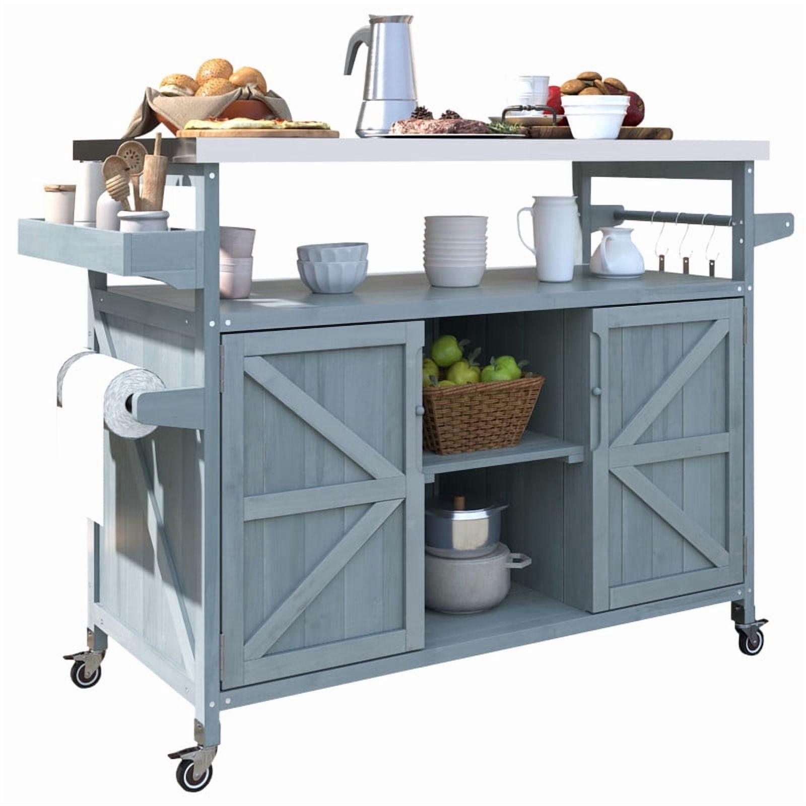 Outdoor Kitchen Island with Stainless Steel Top, Wood Grill Cart Storage Cabinet with Adjustable Shelf, Outdoor Grill Table with Spice Rack & Towel Rack