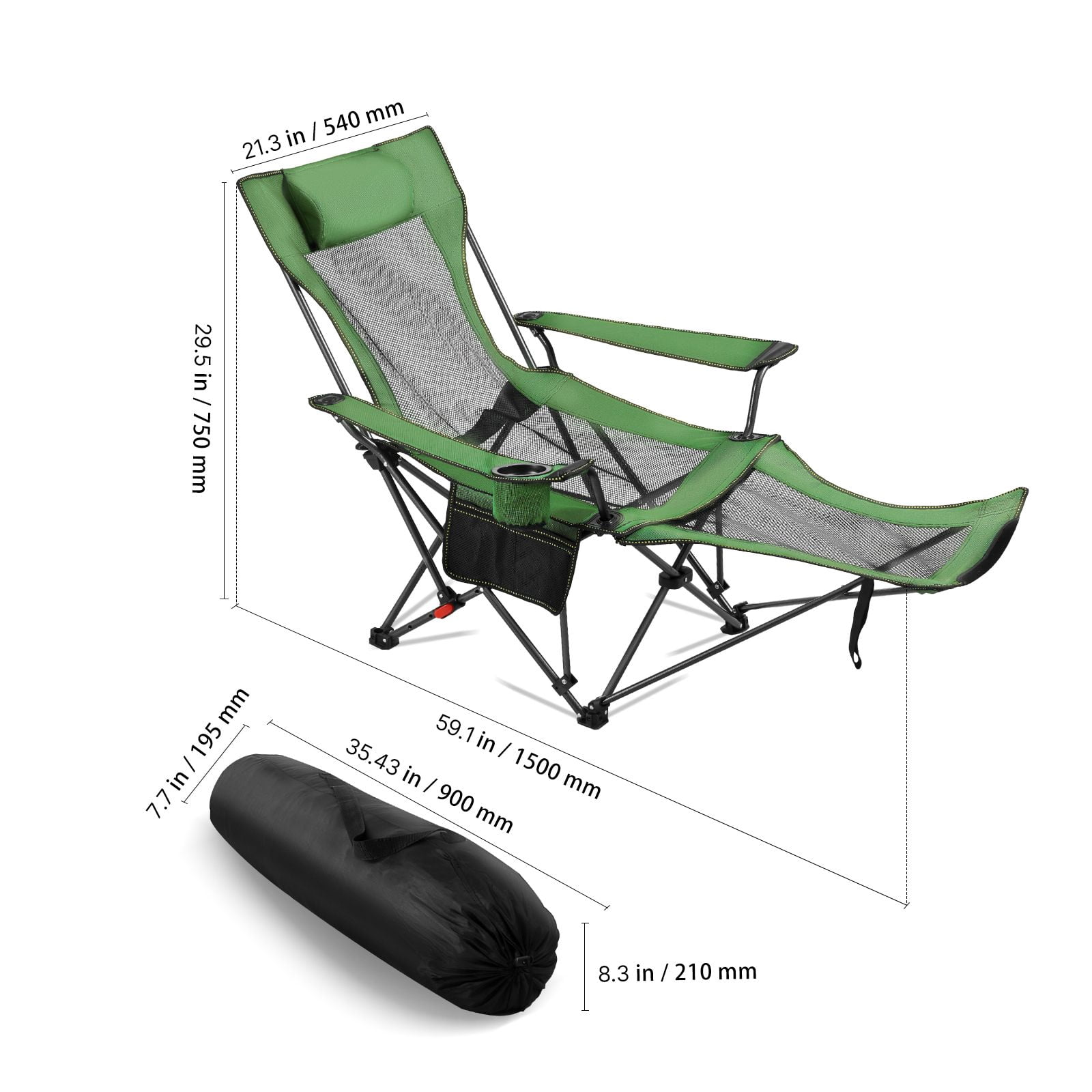 Foldable Reclining Lounge Chair 4-Position Adjustable, 220 lbs Capacity, Detachable Footrest, Cup Holder, for Camping Beach Patio