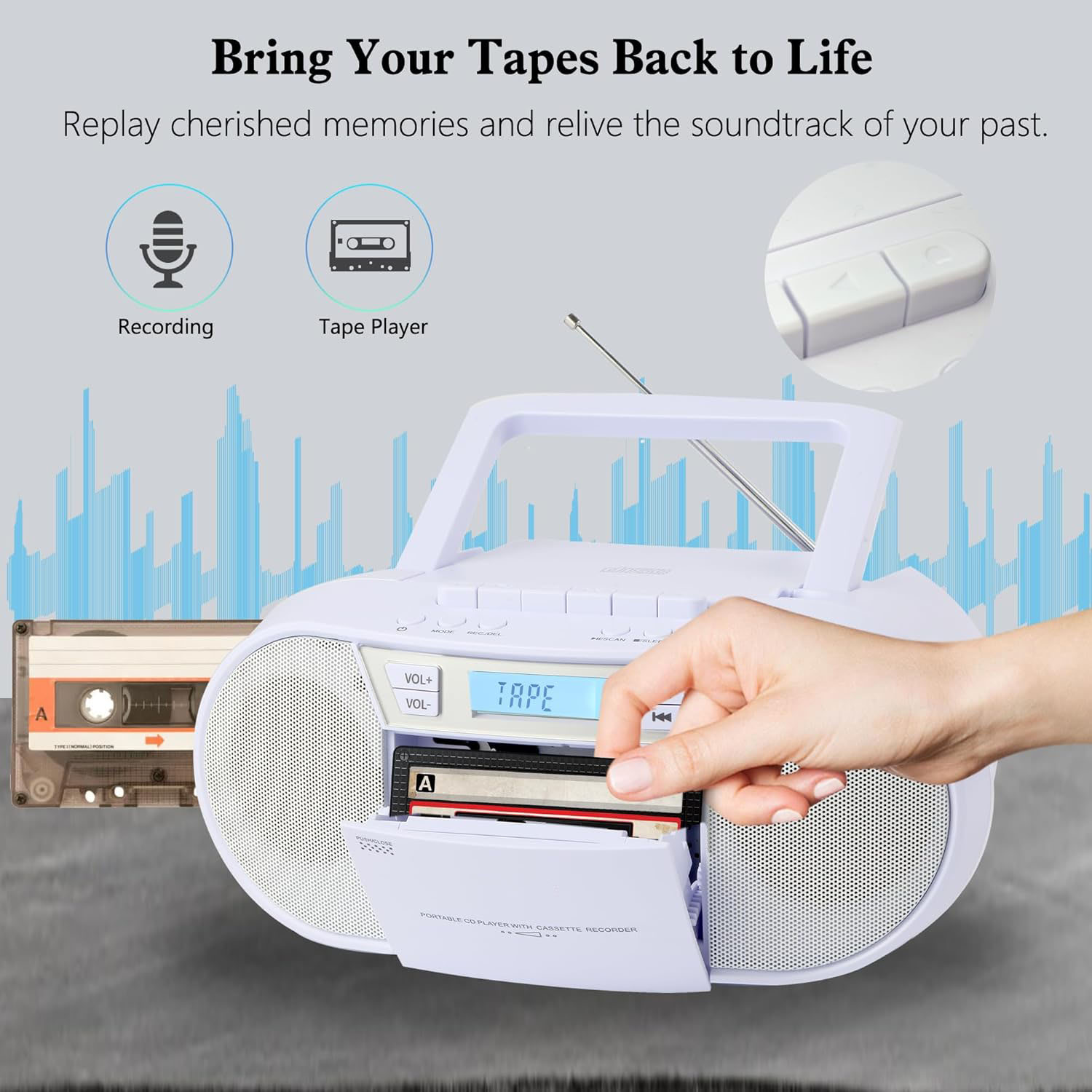 Boombox CD Player Portable, Cassette Player Combo with CD MP3 Bluetooth AUX TF USB FM Radio AC/DC Powered, with Remote Control, Headphone Jack, Stereo Sound for Home,Kids,Gift(White)