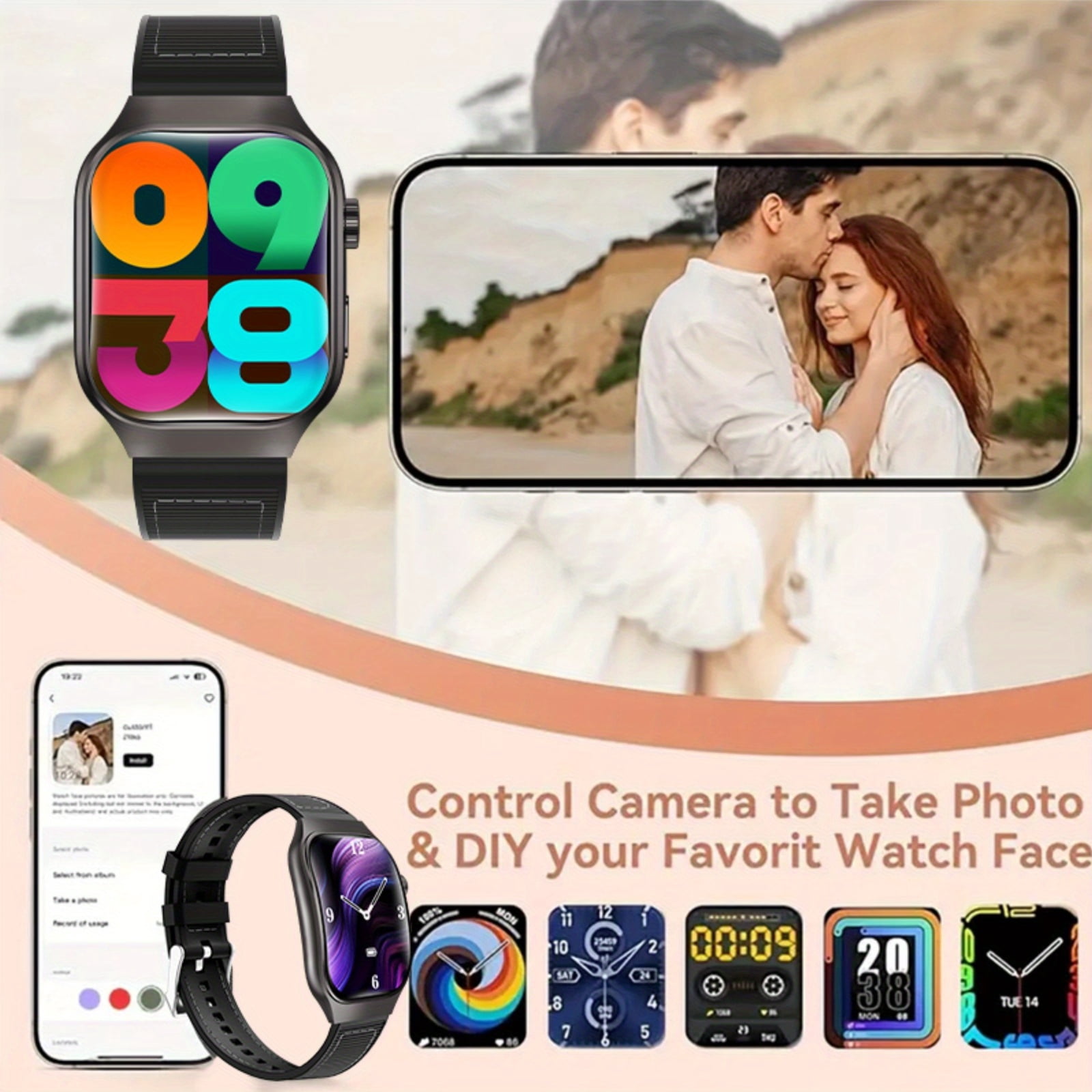 HD Smartwatch with Sports Modes, Music/Calls, Alloy Case, Silicone Strap, Rechargeable Battery, Compatible with iPhone & Android
