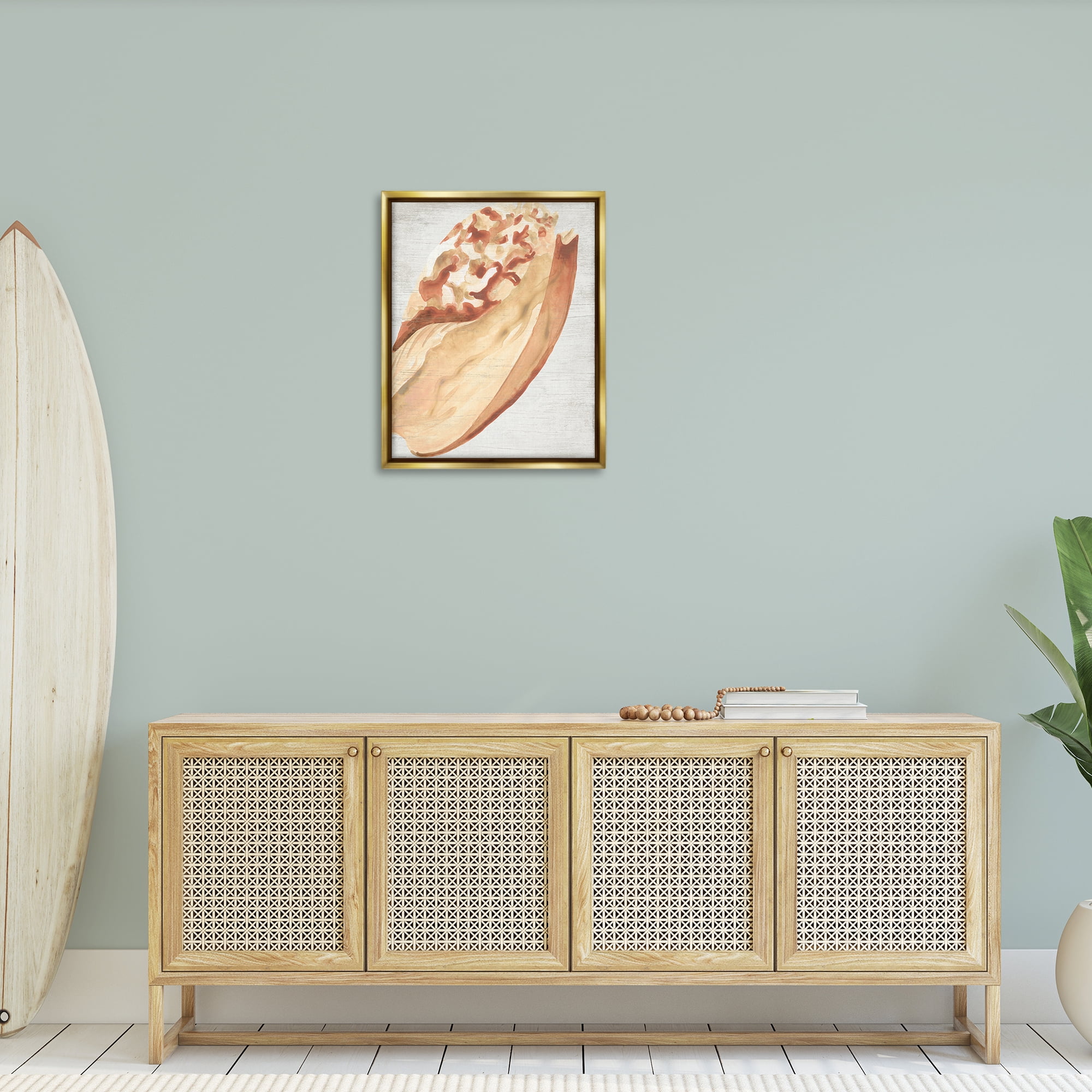 Stupell Industries Rustic Beige Shell Nautical & Beach Painting Gold Floater Framed Canvas Art Print Wall Art, 25 x 31