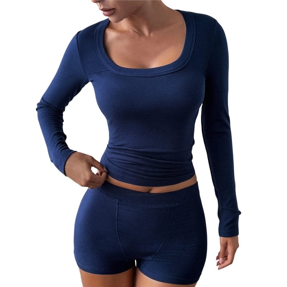 Conjunto Deportivo de Yoga para Mujer de 2 Piezas: Camiseta de Larga Ajustada y Shorts. Azul Marino XL