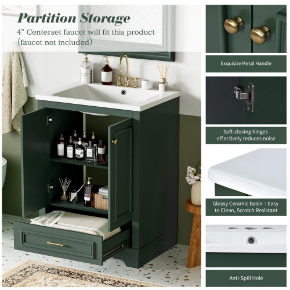 24" Bathroom Vanity with Ceramic Sink, Freestanding Bathroom Cabinet with Storage, Soft Close Doors, Adjustable Shelf, Silver Handles, Green
