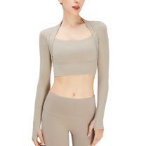 SWSMCLT Women's Yoga Workout Square Neck Crop Top Long Sleeve Yoga Shirt Soft Fashion Spandex Summer Basic Khaki Medium