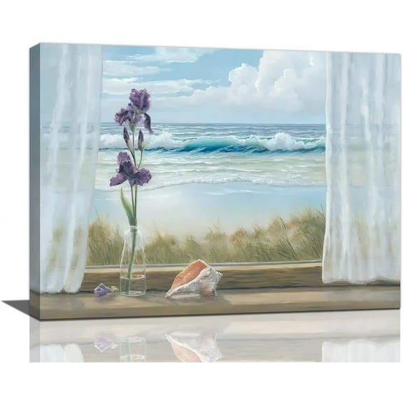 Beach Coastal Bathroom Wall Art Seashell Iris Pictures Blue Ocean Seascape Bathroom Wall Decor Farmhouse Flower Canvas Painting Framed Artwork for Bathroom Bedroom Living Room 16"x12"