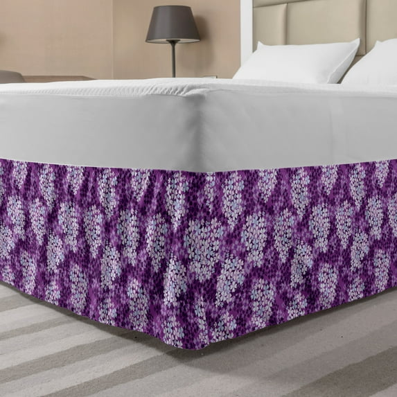 Flower Bed Skirt, Lilacs Illustration Greenery Field Freshness Hydrangea Design, Elastic Bedskirt Dust Ruffle Wrap Around for Bedding Decor, 4 Sizes, Purple White Baby Blue, by Ambesonne