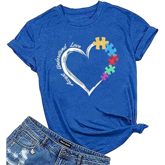 KimSoong Women Autism Awareness Shirt Autism Mom T-shirt Accept Understand Love Tee Graphic Short Sleeve Tops