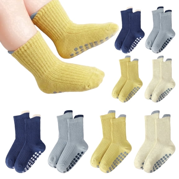 Bocaoying 8 Pairs Bocaoying Toddler Non-Slip Socks 8 Pairs Soft Cotton Crew Socks for 1-3 Years Gifts, Blue Yellow