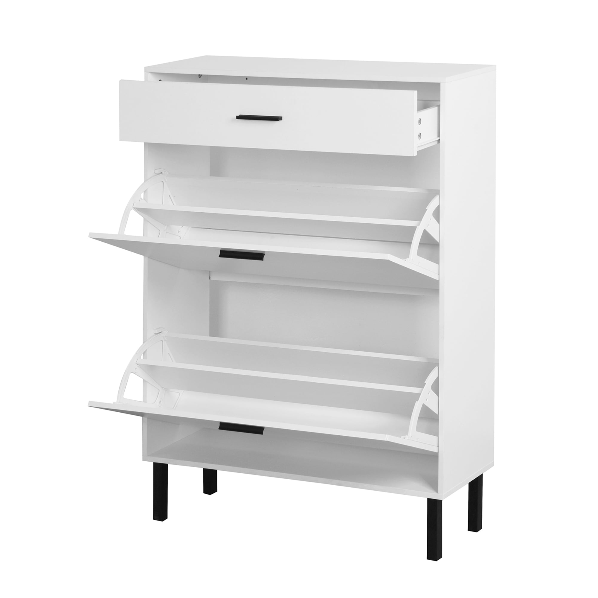 Kadyn 43.30"H Shoe Cabinet, Freestanding Shoe Rack Storage Organizer with Drawers & Metal Legs, White Shoe Storage Cabinet with 2 Flip Drawers for Entryway