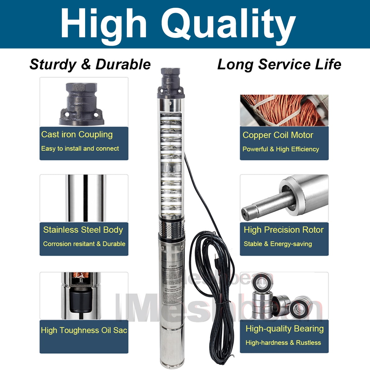 iMeshbean Deep Submersible Well Pump 3/4 HP Submersible Well Pump 110V 13GPM Water Pump 247ft Head with 33ft Electric Cable Stainless Steel Water Well Pumps Submersible for Irrigation Use