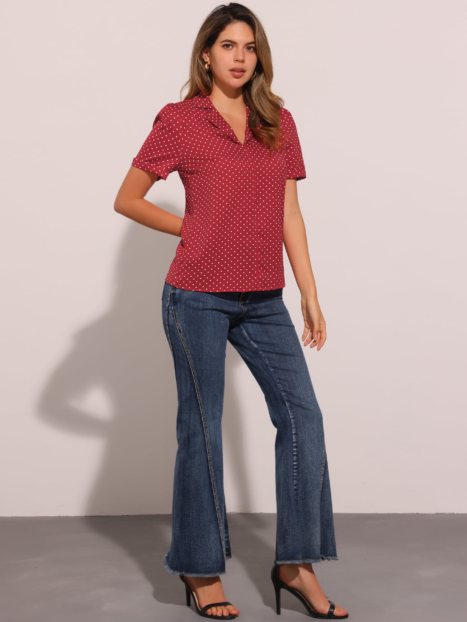 DARING DIVA Women's Short Sleeve V Neck Notch Lapel Collar Shirt L Red