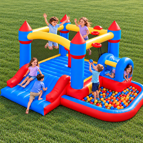 10-in-1 Inflatable Bounce House with Wide Slide, 450W Blower, Climbing, Ball Pit and Games for Kids