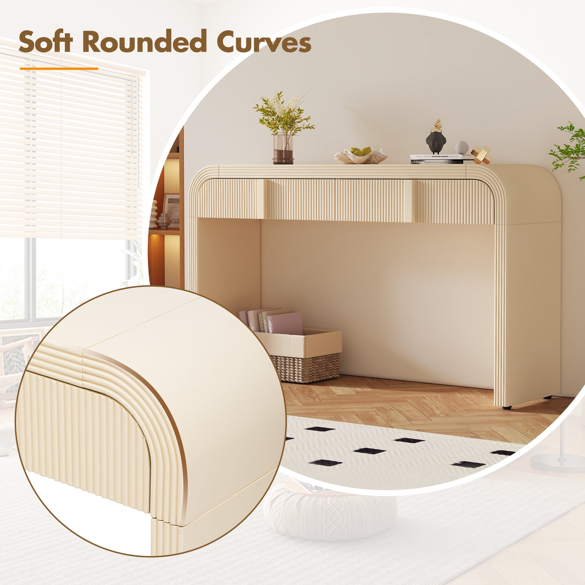 Euroco 55" Unique Curved Console Table with 2 Storage Drawers, Fluted Accent Entryway Table Sofa Table for Hallway Living Room Foyer,Apricot Cream