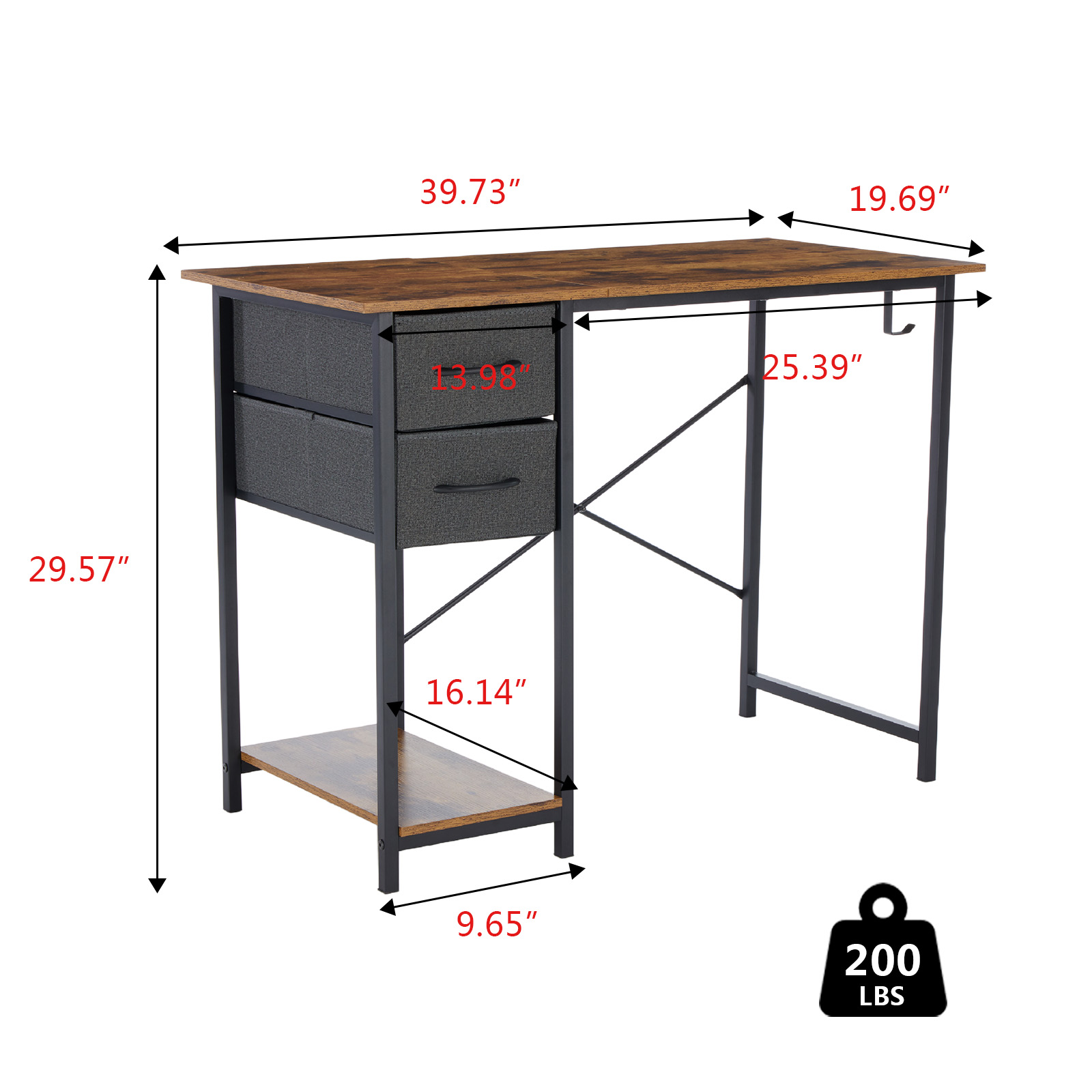 MCQ 40 Inch Computer Desk with Drawers for Home Office, Writing Desk with X-Shaped Reinforcement, Wood Table with Adjustable Position Drawers, Modern Study Work Table with Side Hook, Black Wood