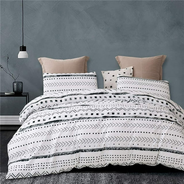2 Pcs Twin Boho Duvet Cover, Black Geometric Pattern Printed on White Soft Mircofiber Bohemian Comforter Cover Bedding Set