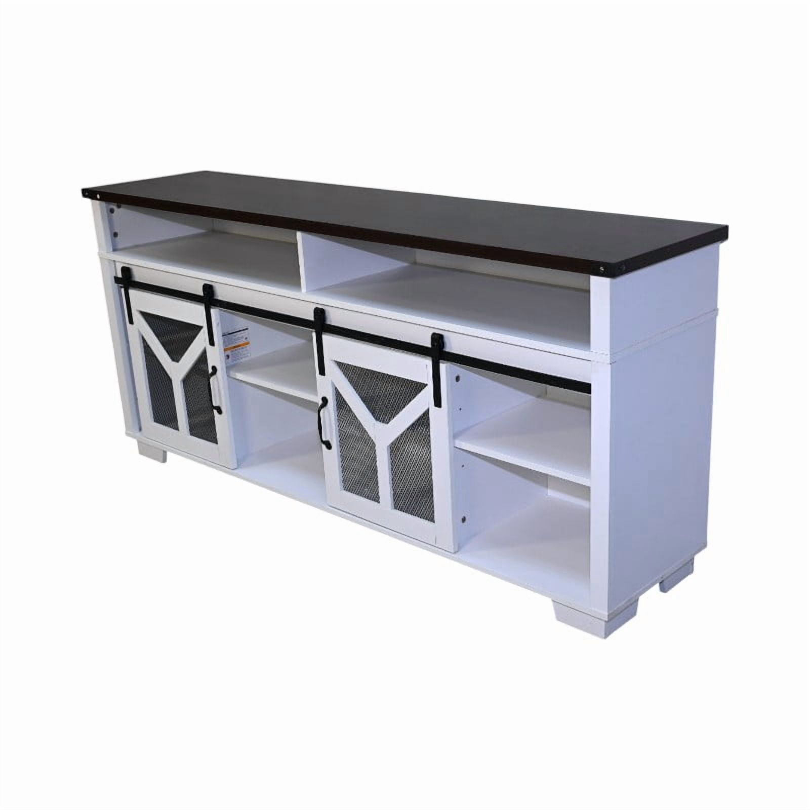 65.3 Inch TV Stand with LED Light Strips and Iron Mesh Barn Doors, Y Decorative Strip White and Black Walnut Color Farmhouse Entertainment Center for 75 Inch TV