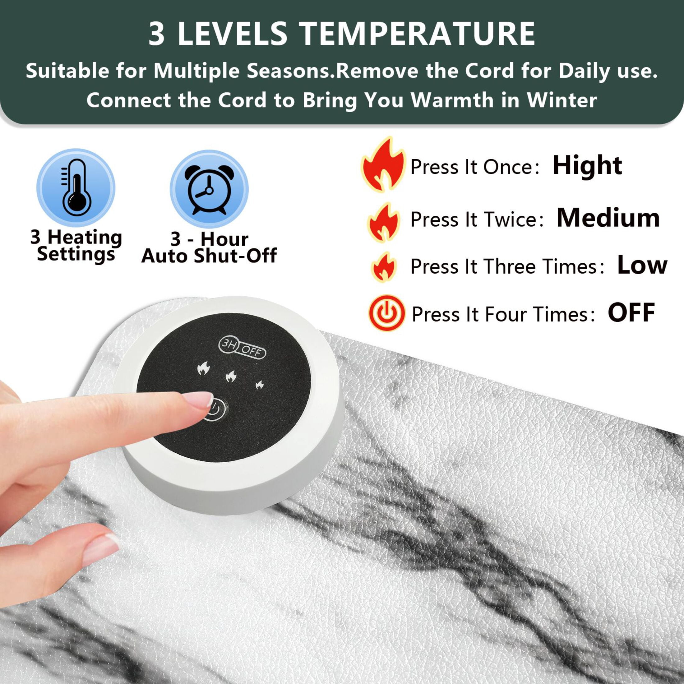 Large Heated Desk Mat Mouse Pad 31.5"x13"PU Leather Graphene Heating Desk Warmer with 3 Temperature Settings 110V US Plug Non-Slip Warm Pad for Home, Office, and Gaming Elegant Marble Texture Print
