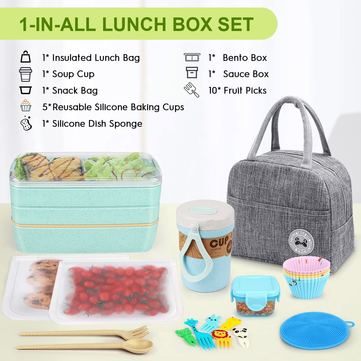 Viadha Kitchen Accessories Stackable Bento Box,Lunch Box Kit with Spoon &  Fork, 3-In-1 Compartment Whea-t Straw Meal Prep Containers,Leakproof  Stackable Bento Lunch Box Meal 