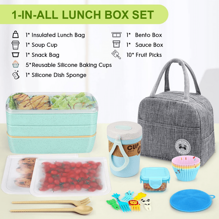 Rarapop Pink Stackable Bento Box Japanese Lunch Box Kit with Spoon & Fork,  3-In-1 Compartment Wheat Straw Meal Prep Containers for Kids & Adults
