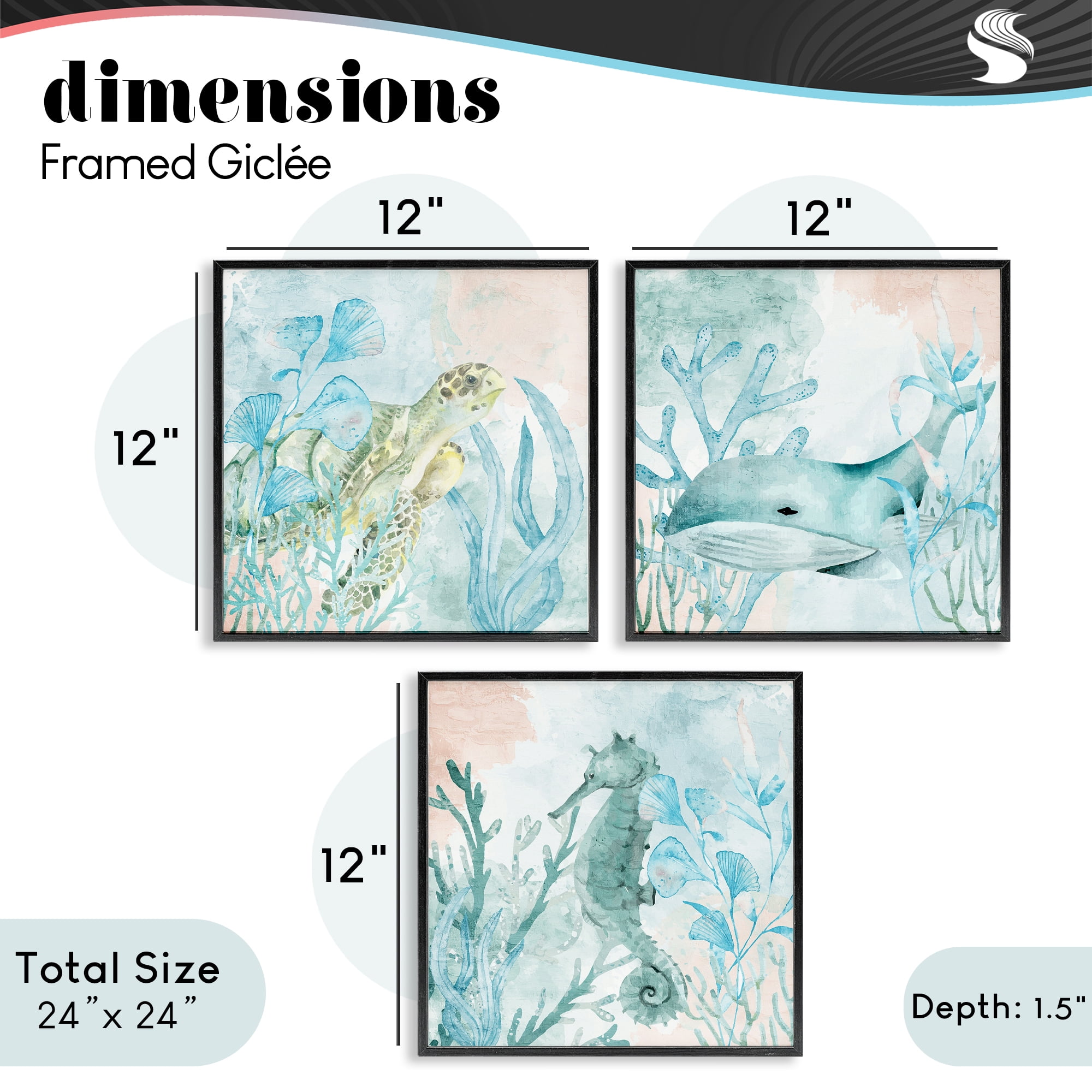 Stupell Industries Aquatic Animals Sea Swim 3 Piece Black Framed Giclee Art Set, design by Kim Allen