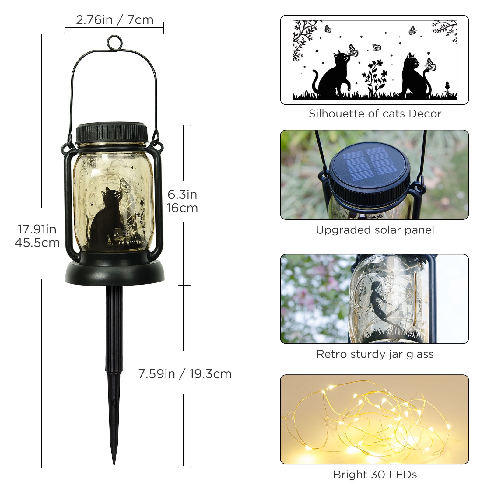 Cat and Butterfly Solar Lanterns Mother's Day Gift Outdoor Garden Hanging Solar Lights Cat and Butterfly Lover Gifts for Women, Memorial Gifts Fairy Lights for Patio Yard Lawn Outside Decor Lamp