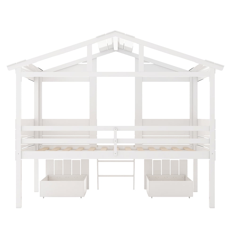 Kadyn kids Bunk Loft Bed with Two Drawers, Windows and Roof Design, White Kadyn kids Bunk Loft Bed with Two Drawers, Windows and Roof Design, White