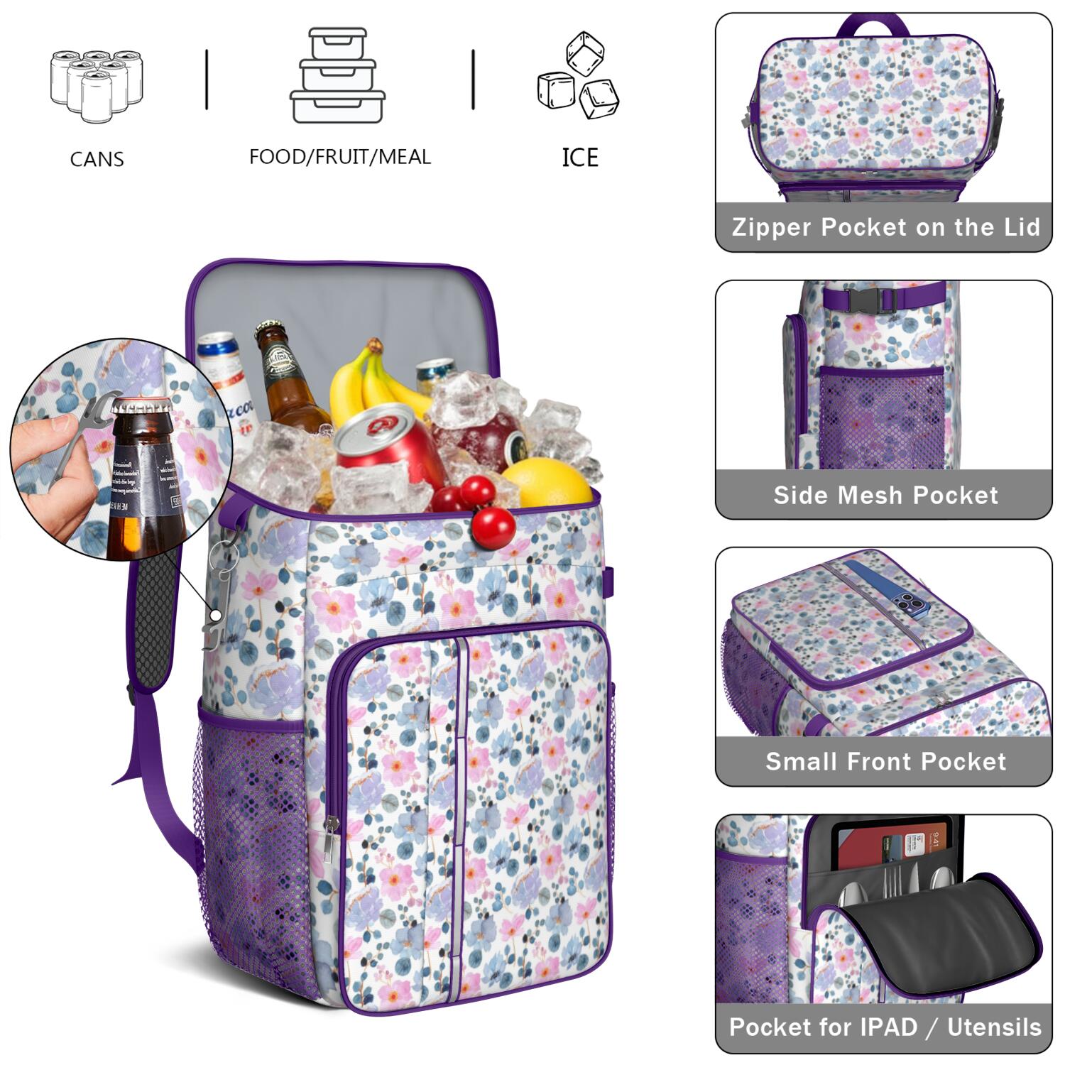 Travel Cooler Bag - Pioneer Flower Floral Print Pattern Camping Beer Cooler Backpack with Bottle Opener- Waterproof Insulated Picnic Backpacks - Cooler Bag for Beach