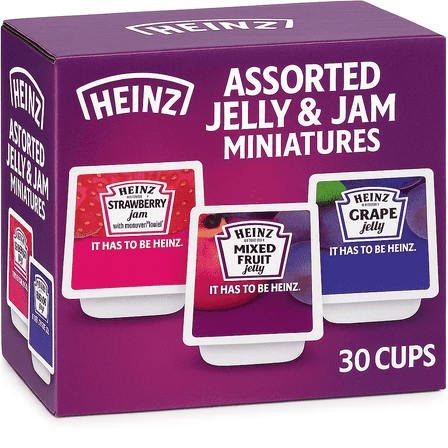 Heinz Assorted Jellies 30 Pack – Strawberry Jam, Grape Jelly & Mixed Fruit Jelly Cups, 0.5 oz Each – Single Serve Mini Jam Portions for Breakfast, Hotels, Restaurants, Lunch Boxes