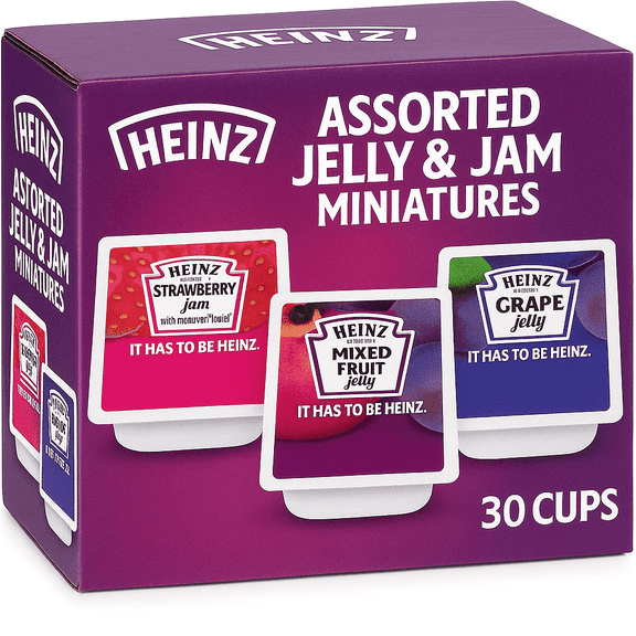 Heinz Assorted Jellies 30 Pack – Strawberry Jam, Grape Jelly & Mixed Fruit Jelly Cups, 0.5 oz Each – Single Serve Mini Jam Portions for Breakfast, Hotels, Restaurants, Lunch Boxes