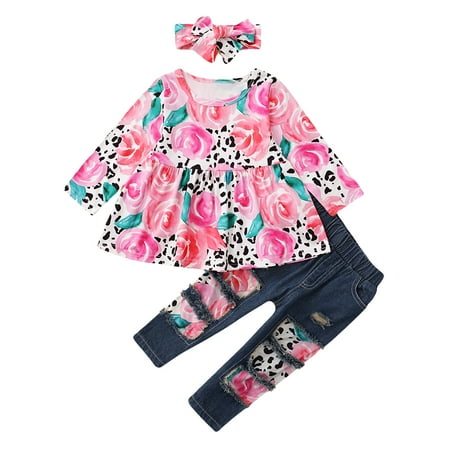 

Kucnuzki 2T Toddler Girl Autumn Winter Outfits Pants Sets 3T Long Sleeve Sweet Rose Spliced Leopards Prints Ruffles Peplum Tops Elastic Ripped Denim Pants Headband 3PCS Set Pink