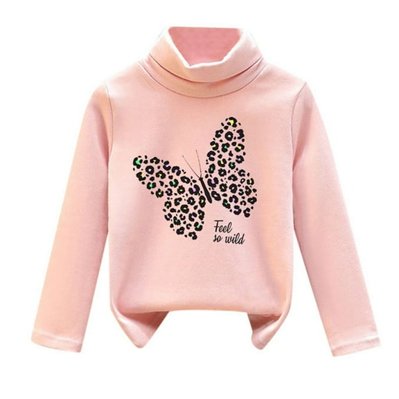 WOYY Little Girl's Undershirt Butterfly Print Turtleneck Pullover Long Sleeve T-Shirt
