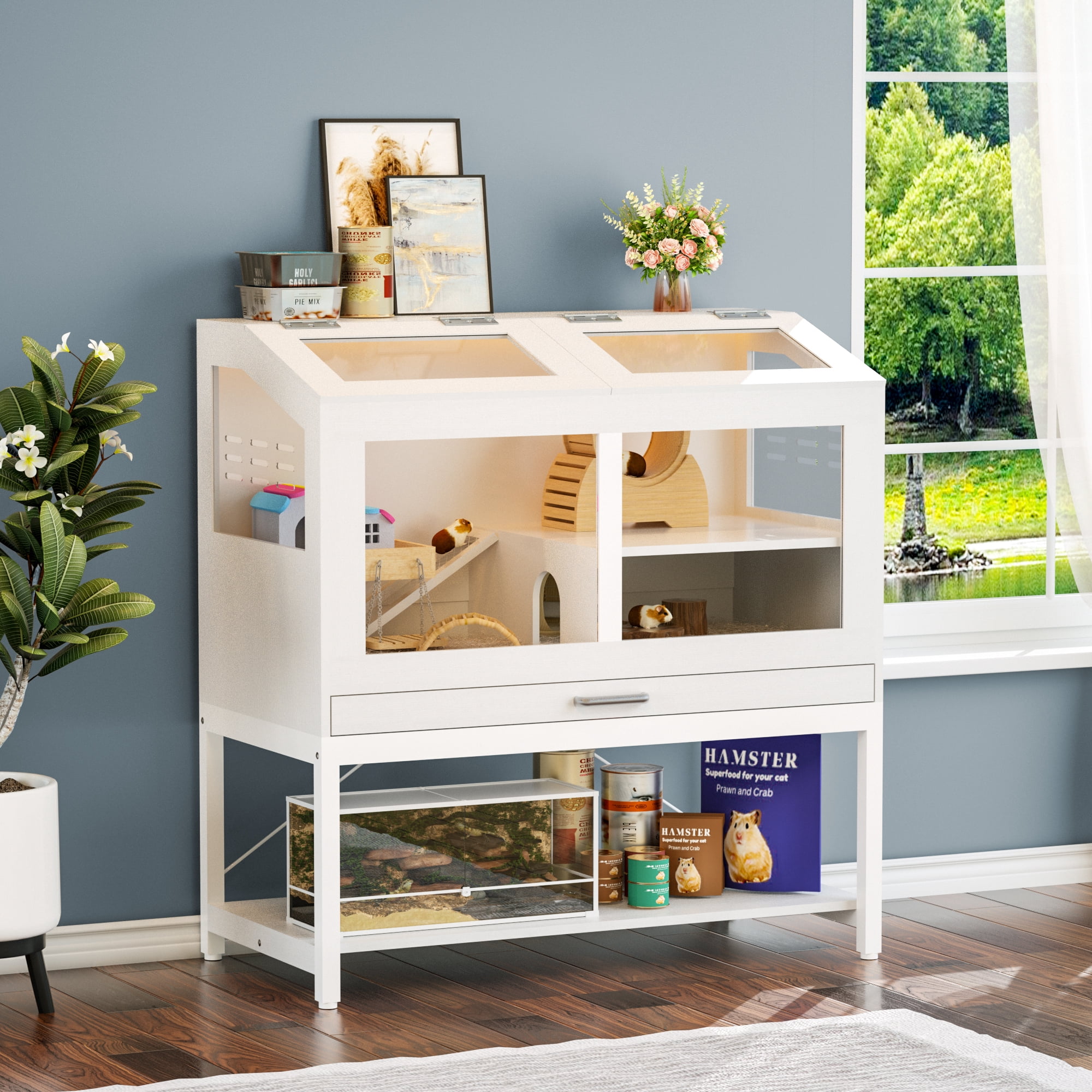 Joywind Large Hamster Cage with Storage Cabinet - Easy-Clean Small Animal Habitat with Acrylic View Panels & Pull-Out Drawer for Guinea Pigs, Rabbits, Hedgehogs