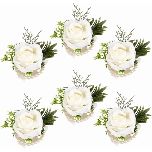 6PCS White Wrist Corsage Bracelets Wedding Rose Wrist with Pearl Handmade Flowers Wristlet Corsages