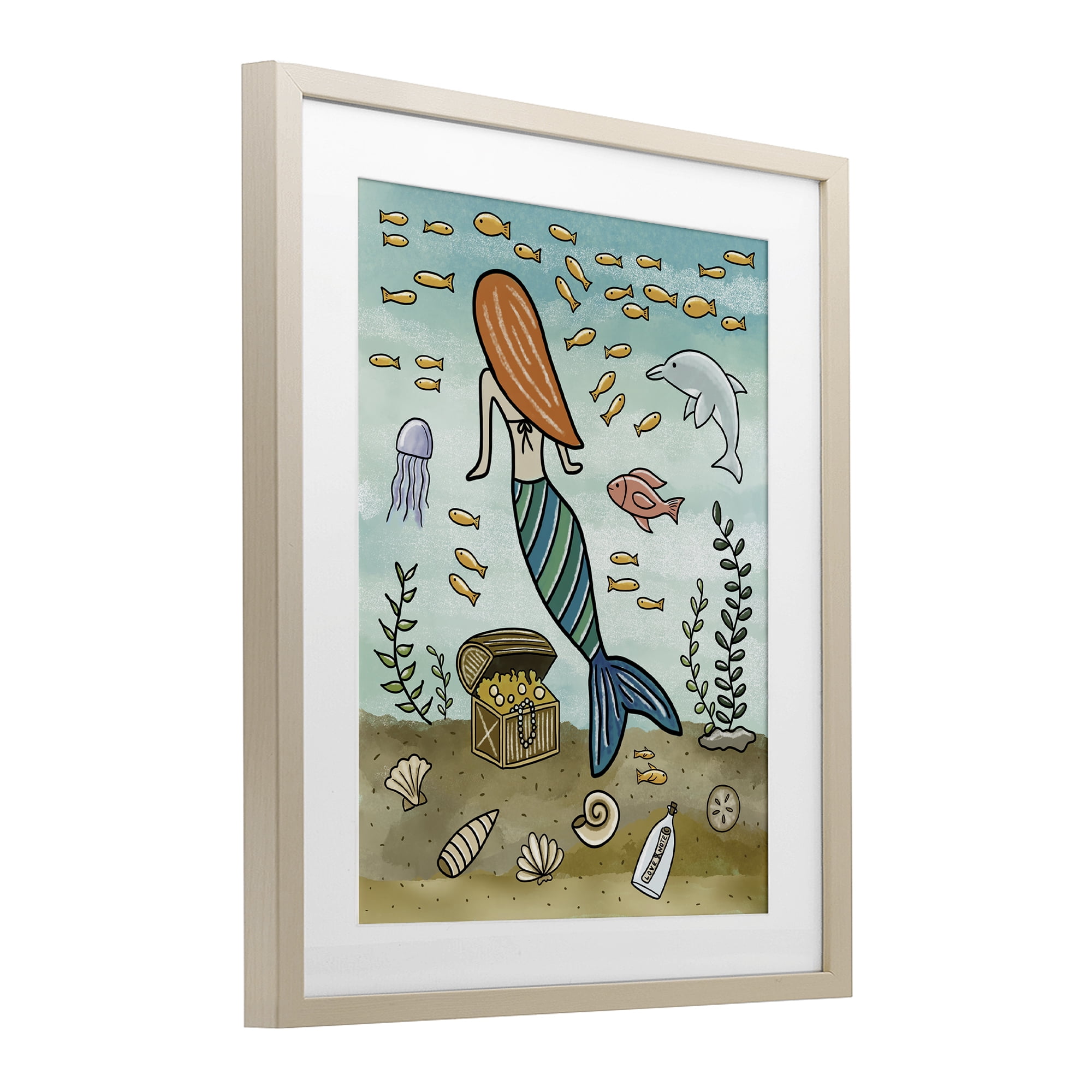Mermaid Treasure Love Note Birch Framed Print Under Glass, design by Jennifer Stith