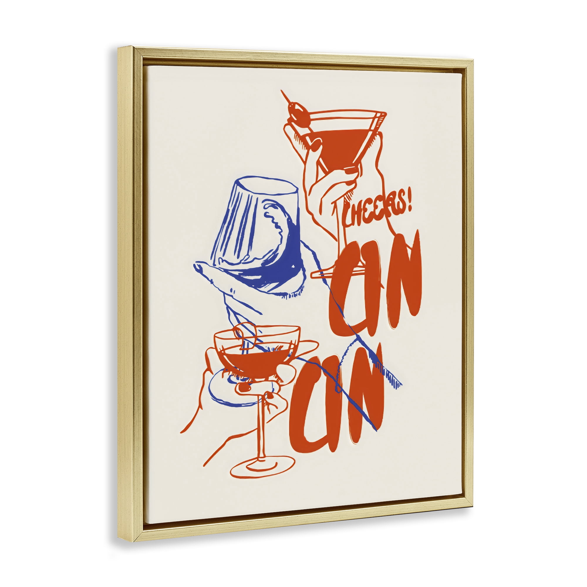 Stupell Industries Retro Cheers Cocktail Toast Gold Framed Floater Canvas Wall Art, design by The Prints Vibe