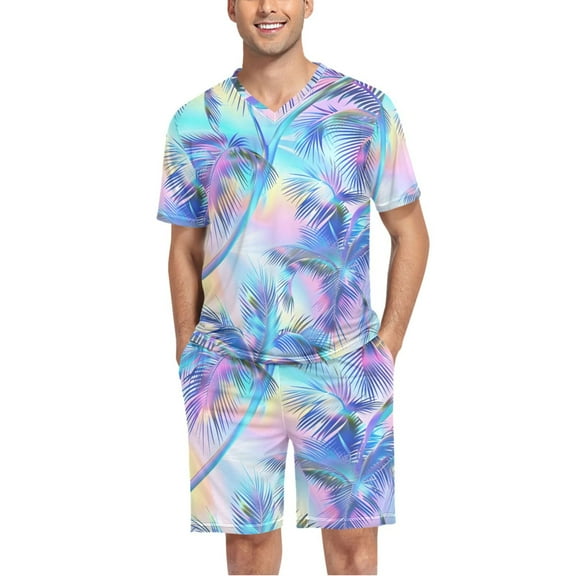 joogoo Men's Pajama Set Rainbow Pattern Plam Trees V-Neck Pj Shorts Set 2 Piece Loungewear Sleepwear L
