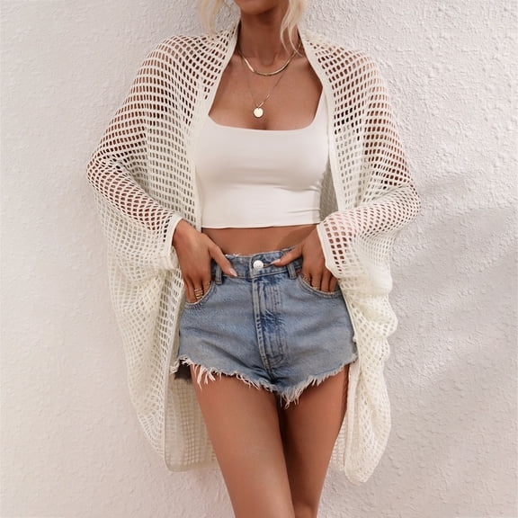 JIAYUE Women's Swimwear Cover-Ups V Neck Beach Loose Open Front Above Knee Batwing Long Sleeve Lightweight Solid Color Cardigan Bikini Bathing Suit Cover Up Top
