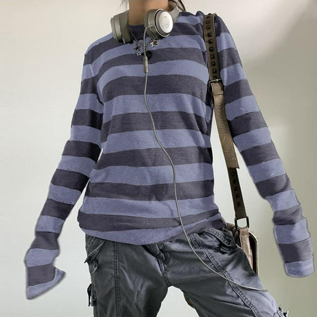 xiaxaixu Chemise de Base en Tricot pour Femme Automne Décontractée Gris Noir à Rayures Manches Longues Col Rond Hauts Club Mode Urbaine