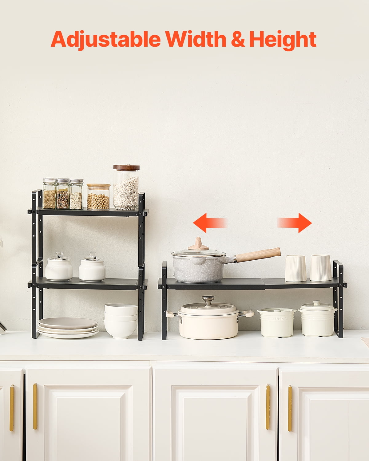 VEVOR Adjustable Kitchen Cabinet Shelf Organizer, Expandable 2 Tier Cabinet Shelf, Stackable Countertop Organizers and Storage Shelf Risers, Pantry Organizers for Kitchen Bathroom Office, Black
