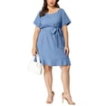 thumbnail image 5 of Unique Bargains Women's Plus Size Round Neck Roll Up Sleeve Ruffle Chambray Midi Dresses 3X Light Blue, 5 of 7