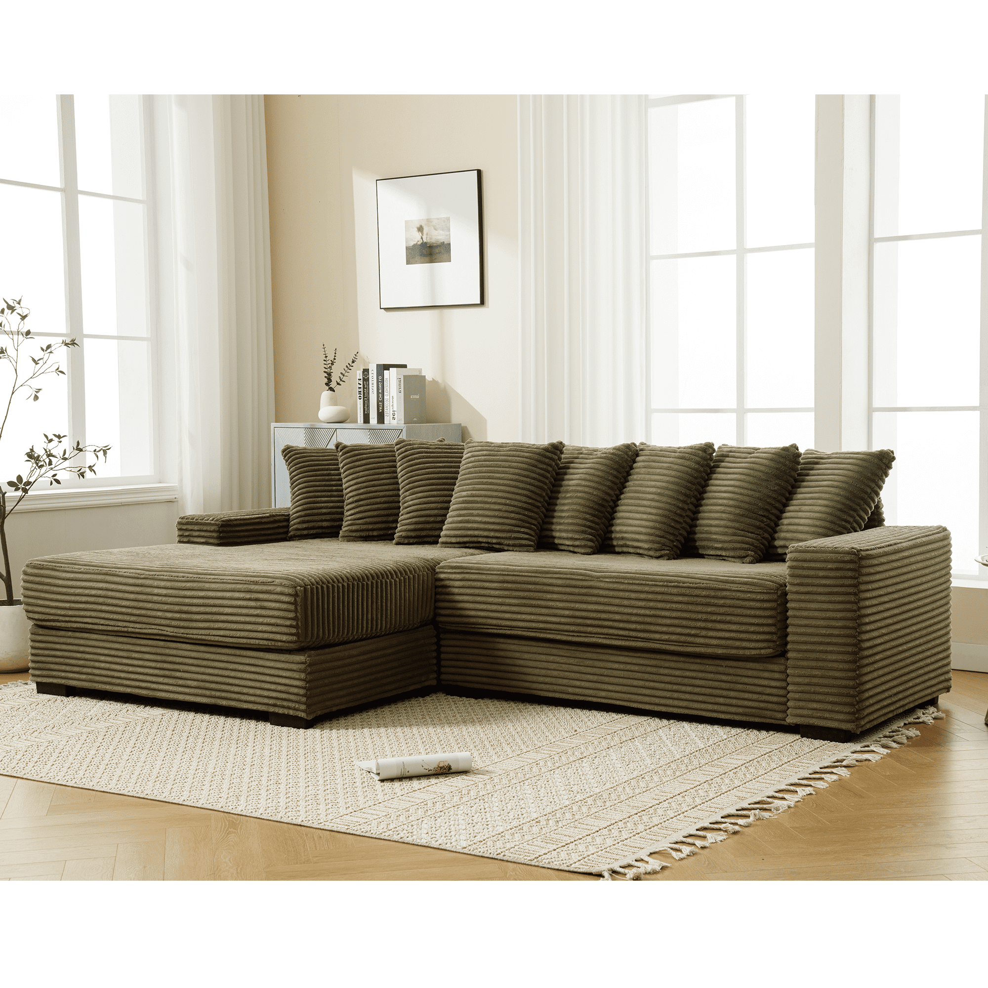 AISWORD 111" Oversized 3-Seat L-Shaped Sectional Sofa with Right Chaise, Luxury Corduroy Fabric Modular Couch with 8 Throw Pillows, Easy Assembly for Living Room