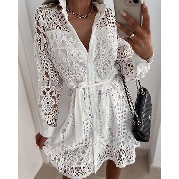 Vestido camisero de manga larga de encaje para mujer de talla grande Vestido de fiesta informal con tiras para mujer