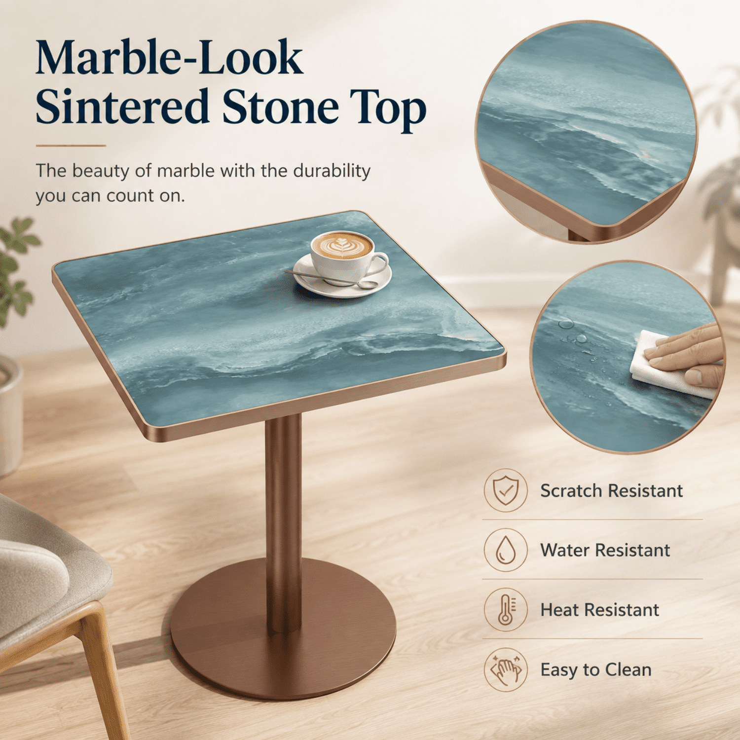 Miniyam 31.5 in Square Dining Table for 2-4, Marble-Look Sintered Stone Top, Stainless Steel Pedestal Base for Small Space, Teal