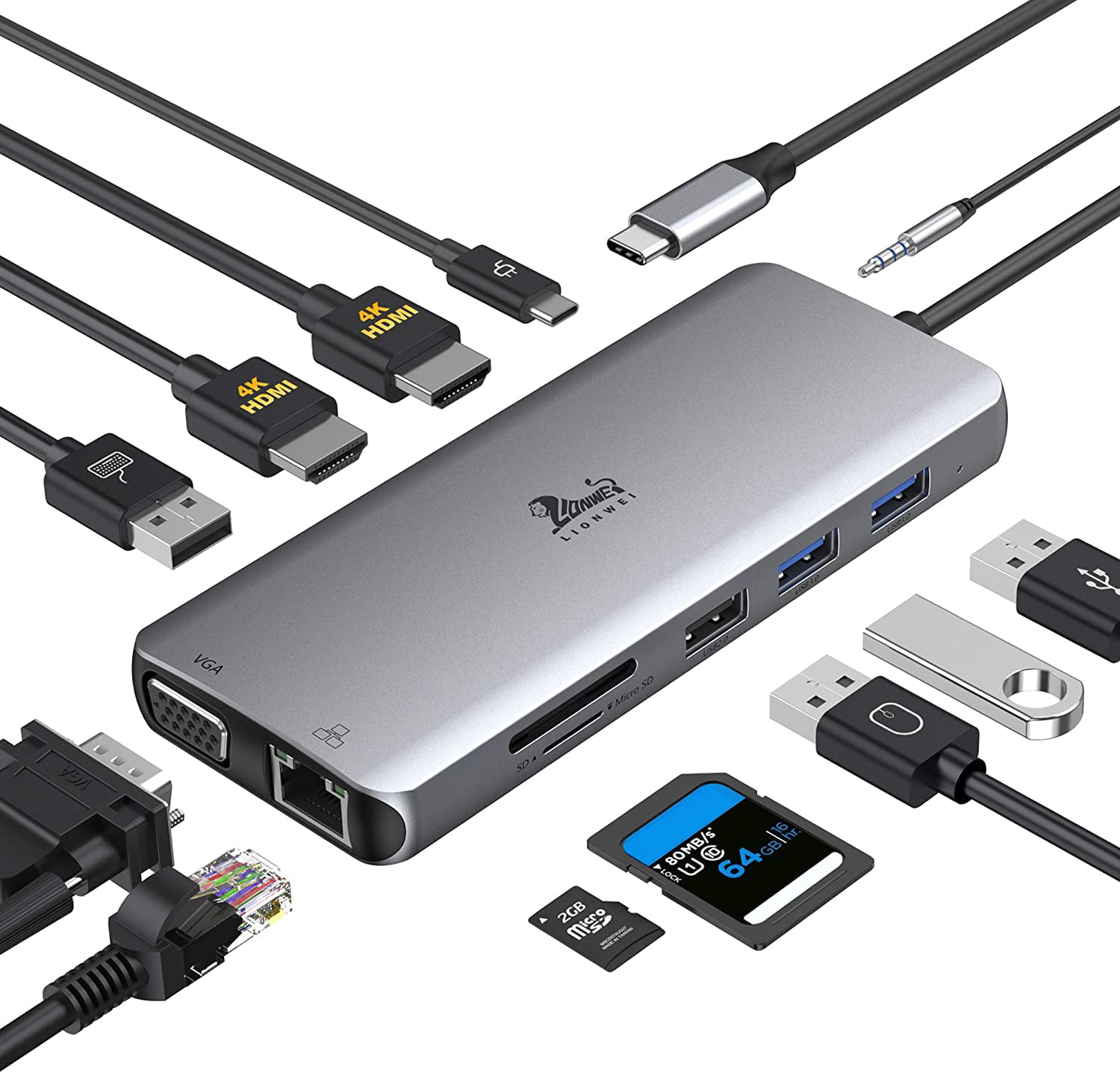 100W PD,2 USB3.0+USB C 3.0+USB2.0,1000M Ethernet USB C Docking Station,12 in 1 Triple Display Type C Laptop Hub to Dual 4K HDMI & VGA SD/TF Card,3.5mm Audio for MacBook/Dell/Huawei/Samsung