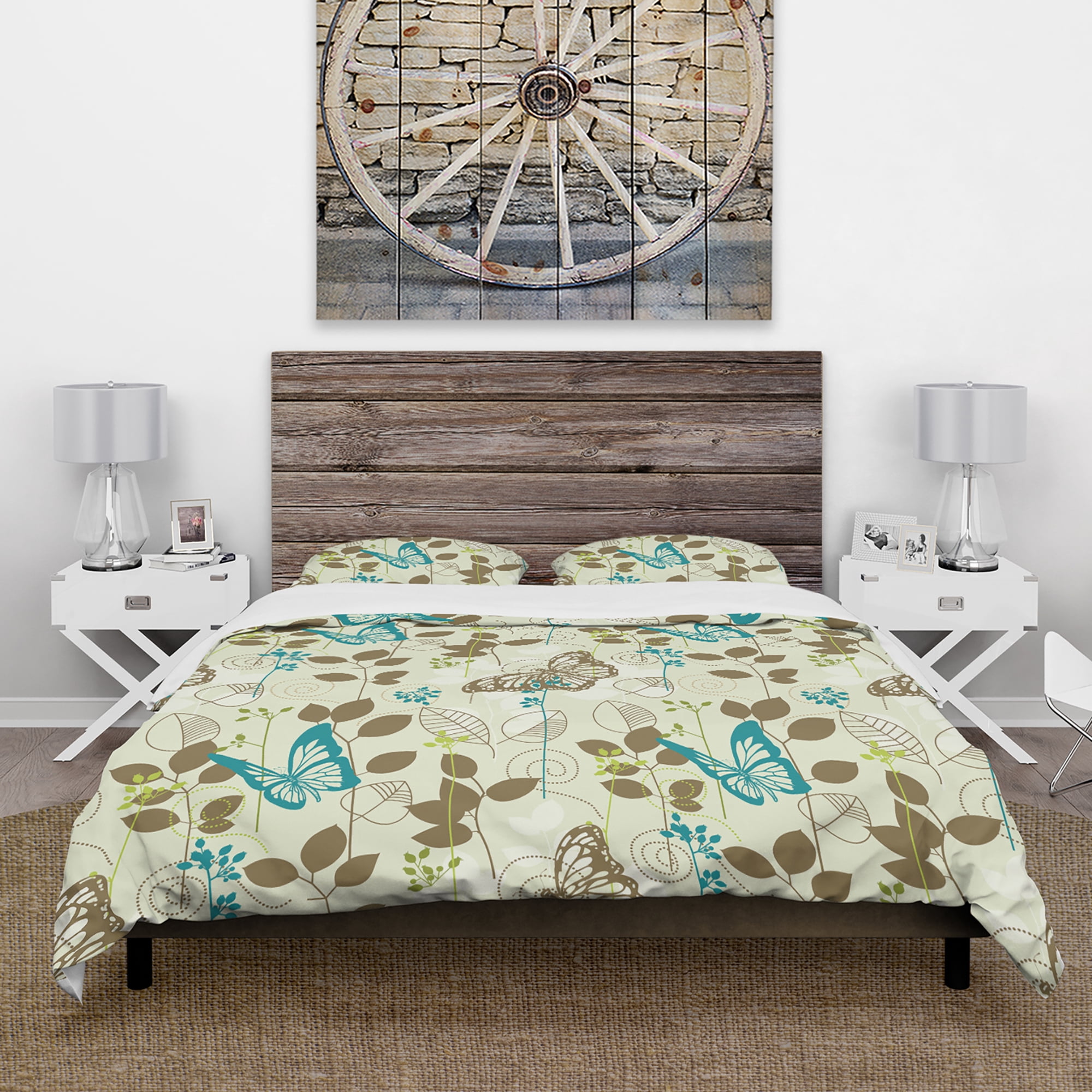Designart 'Vintage Blue Butterfly on Brown Leaves Background' Abstract Duvet Cover Set
