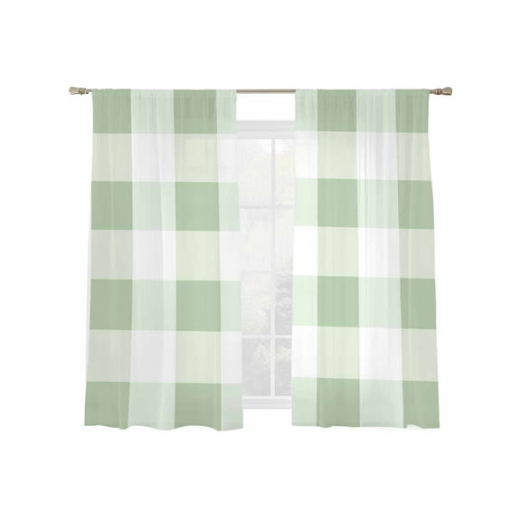 Spring Green Plaid Sheer Curtains 72 Inch Long 2 Panels, Simple Art Light Filtering Rod Pocket Semi Sheer Curtains, Sheer Voile Drapes for Living Room Bedroom, 52"x72"